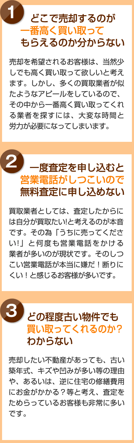 どこで売却するのが一番高く買い取ってもらえるのか分からない。一度査定を申し込むと営業電話がしつこいので無料査定に申し込めない。どの程度古い物件でも買い取ってくれるのか？わからない